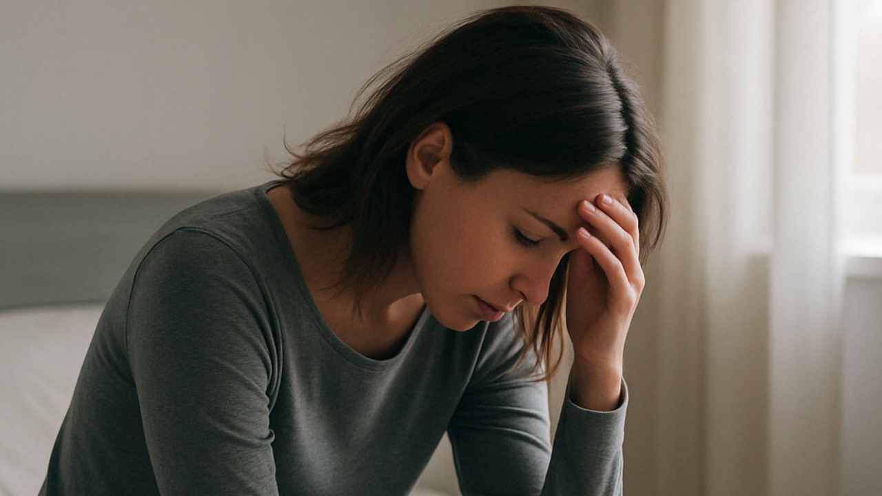 Pessoa sentada à beira da cama, com expressão de esgotamento