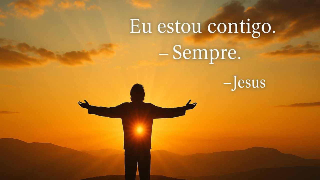 Um céu ao amanhecer com luz dourada saindo atrás de uma montanha, e no primeiro plano, uma silhueta de braços abertos olhando para o horizonte, com a frase: "Eu estou contigo. Sempre. — Jesus"